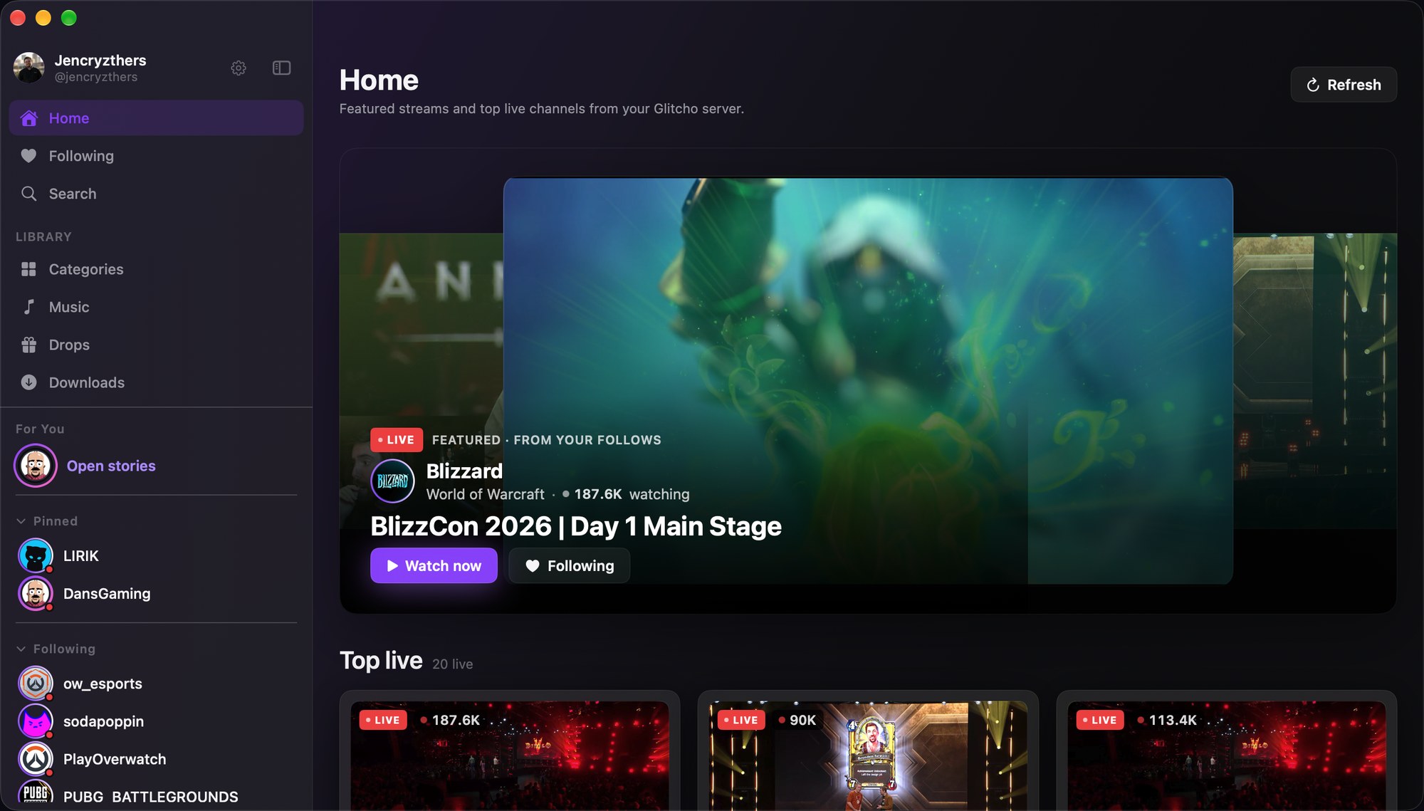 Glitcho Home on macOS